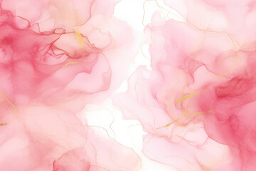 Abstract pink liquid watercolor background with golden lines. Pastel marble alcohol ink drawing .Generative AI.