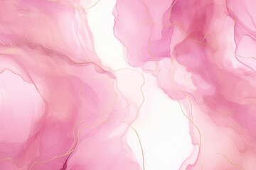 Abstract pink liquid watercolor background with golden lines. Pastel marble alcohol ink drawing .Generative AI.