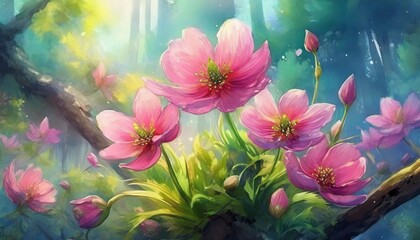 vibrant spring flowers bloom pink on bright green stems - obrazy, fototapety, plakaty