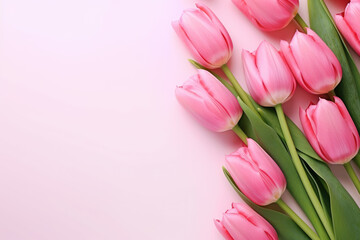 Pink tulips on pink background. Generative AI