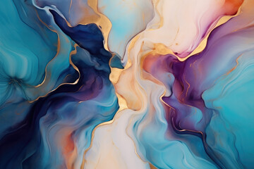 Abstract colorful liquid watercolor background with golden lines. Pastel marble alcohol ink drawing .Generative AI