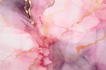 Abstract sweet pink liquid watercolor background with golden lines. Pastel marble alcohol ink drawing .Generative AI
