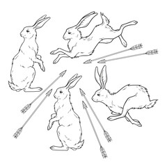 Rabbits or hares magic animals set hand drawn line art gothic tattoo design isolated vector illustration