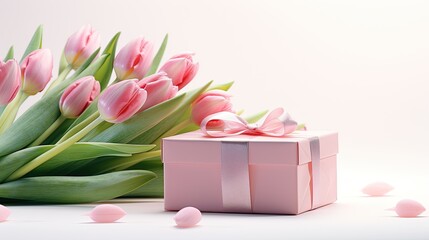 A combination of pink tulips and a gift box.