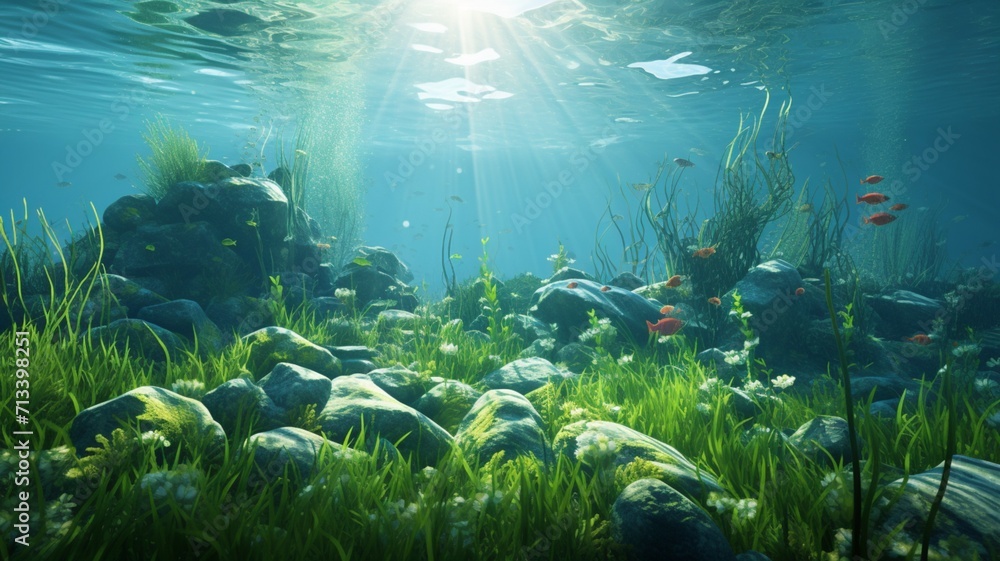 Wall mural an underwater forest of swaying seagrass, home to a variety of marine life, bathed in the gentle glo