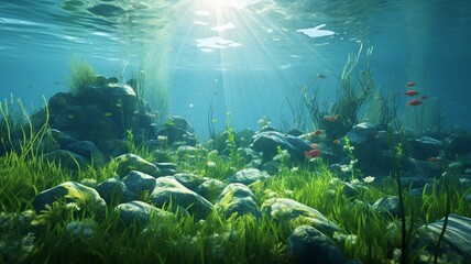 An underwater forest of swaying seagrass, home to a variety of marine life, bathed in the gentle glow of sunlight filtering through the water -Generative Ai - obrazy, fototapety, plakaty