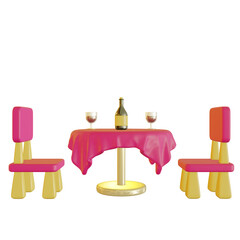 Online reserved table in cafe. Concept Reserved in restaurant. Table on one leg with 2 soft comfortable red armchairs with dishes, kettle and cups, with sign Reserved.