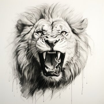 Pencil sketch terrible angry lion face image Generative AI