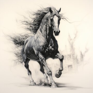 Pencil sketch rising sun running horse image Generative AI