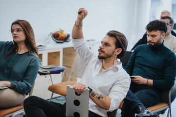 A focused man in a white shirt raises his hand to ask a question at an interactive business...