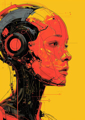 Poster design, bright, mechanical avatar, artificial intelligence, light-colored robot, sense of luxury, poster art, layout design, AI, sense of technology, future, sense of design, orange background