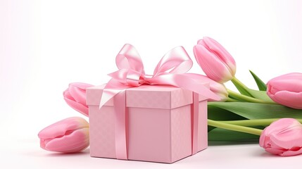 A combination of pink tulips and a gift box.