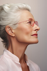 close-up portrait of an elderly business woman in glasses with blond hair