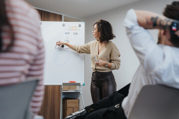 A focused businesswoman explains concepts on a whiteboard to engaged colleagues during a team...
