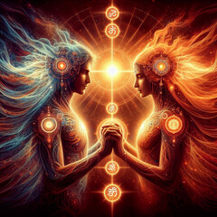 Twin flame couple. Soulmates. The concept of magical, esoteric, tantric, spiritual love. Connection between souls. Illustration for websites and much more. Created using generative ai tools