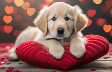 golden retriever puppy sitting on a red heart pillow with a bokeh heart background ready to show his love an affection