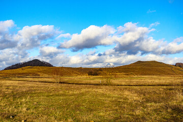 Open plain with sparse trees and yellowish green grass with autumn hills against blue sky with white clouds in Thor Park - Hoge Kempen National Park, sunny afternoon in Genk, Belgium