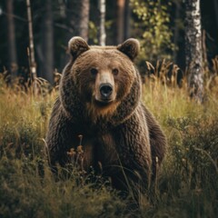 Wild animals in the wild. A large brown bear sits in tall grass, in a meadow. Behind the bear is a dense forest.