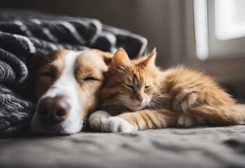 a dog laying next to a sleeping cat on a blanket