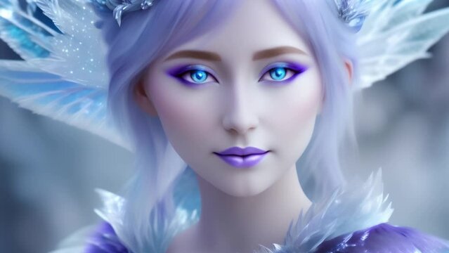 Portrait  of a Beautiful Blue Fairy in an Ice Forest