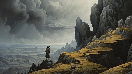 Dramatic painting that shows a mysterious steep mountain with a vast and inhospitable landscape adorned by gray clouds and a man dressed in a tunic contemplating. Generated by AI - obrazy, fototapety, plakaty