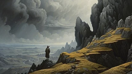 Fotobehang Dramatic painting that shows a mysterious steep mountain with a vast and inhospitable landscape adorned by gray clouds and a man dressed in a tunic contemplating. Generated by AI © Miguel