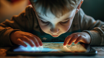 Kid playing of tablet mobile device. Light from tablet shining on their face. Addiction to mobile devices. - obrazy, fototapety, plakaty