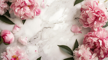 Simply elegant peony bouquet framing white marble background with room for copy. High quality photo