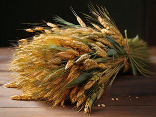 Wheat bundle on the table black background 