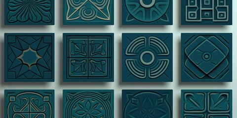 Teal aperiodic geometric seamless patterns for hydraulic tile