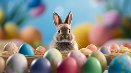 easter bunny rabbit sitting in the eggs, Generative AI