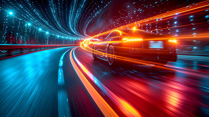 a super car going fast down a highway road with light blurs of speed trailing the car