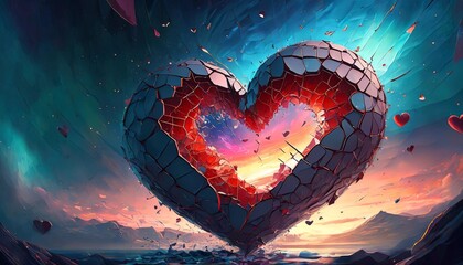 abstract shattered heart as valentine and love background j postproducted generativedigital illustration - obrazy, fototapety, plakaty