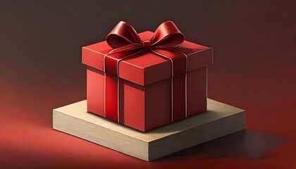 blank display red corner gift box mockup stand with red ribbon bow on dark red background minimal conceptual 3d rendering