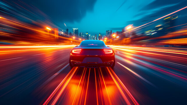 A Super Car Going Fast Down A Highway Road With Light Blurs Of Speed Trailing The Car