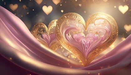 beautiful golden valentine s day background with soft pastel pink silk and heart shape bokeh