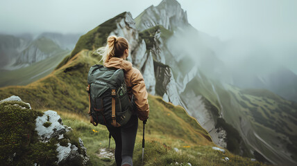 woman hiking up a mountain with a beautiful scenic view - obrazy, fototapety, plakaty