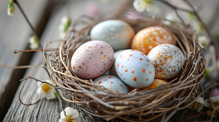 Easter Colored Eggs, in a Basket. High quality photo