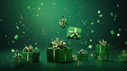 green gift and confetti flying and falling. festive, christmas texture, background. birthday card. place for text. - obrazy, fototapety, plakaty