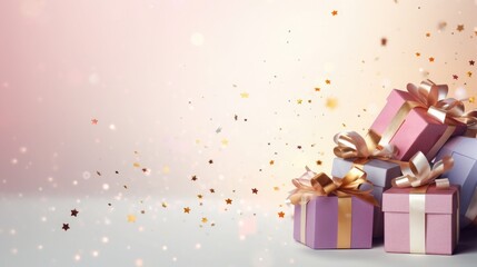 Obraz premium blue, purple, colorful gift and confetti flying and falling. festive, christmas texture, background. birthday card