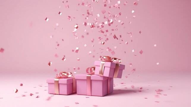 pink gift and confetti flying and falling. festive, christmas texture, background. birthday card. place for text.