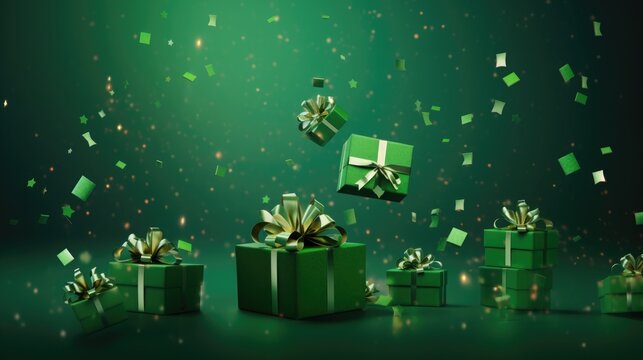 green gift and confetti flying and falling. festive, christmas texture, background. birthday card. place for text.