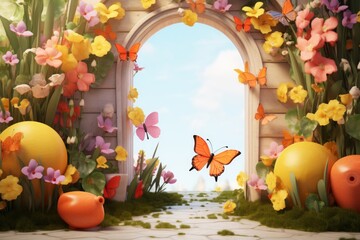 Easter cute scene. Easter sales podium background with bunny, easter eggs and flowers, rainbow and chickens.