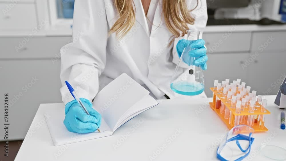 Sticker inside the lab, hands of dedicated woman scientist working, taking research notes with test tube