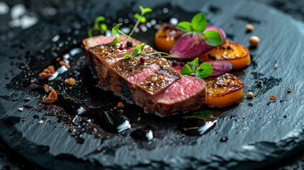 Creative dish with Michelin star, spiced pigeon breast, black ceramics, and black background in rustic French style.