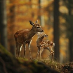 Naklejka na ściany i meble Wild animals in the wild. A doe and a little fawn in a sunny forest.