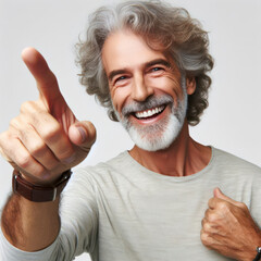 Joyful old man with curly hair pointing finger isolated on solid white background. ai generative