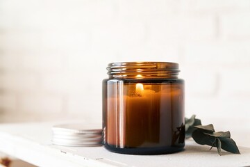 Beautiful burning candle with eucalyptus leaves