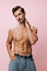 Fototapeta premium Body man torso fitness muscle pink sport lifestyle naked background sexy muscular