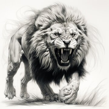 Pencil sketch powerful angry lion image Generative AI